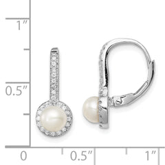 Rhodium-plated Sterling Silver 5-6mm Button FWC Pearl CZ Dangle Earrings