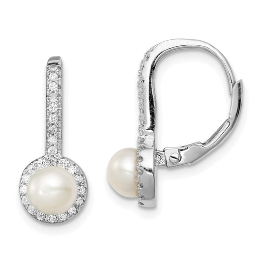 Rhodium-plated Sterling Silver 5-6mm Button FWC Pearl CZ Dangle Earrings