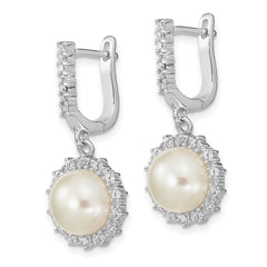 Rhodium-plated Sterling Silver 8-9mm Button FWC Pearl Hoop Dangle Earrings