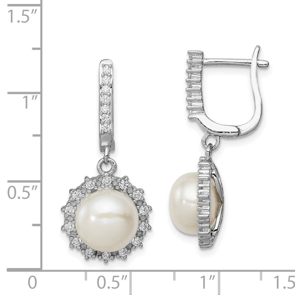 Rhodium-plated Sterling Silver 8-9mm Button FWC Pearl Hoop Dangle Earrings