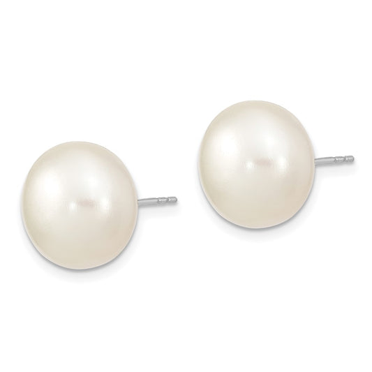 Rhodium-plated Sterling Silver 13-14mm White Button FWC Pearl Post Earrings