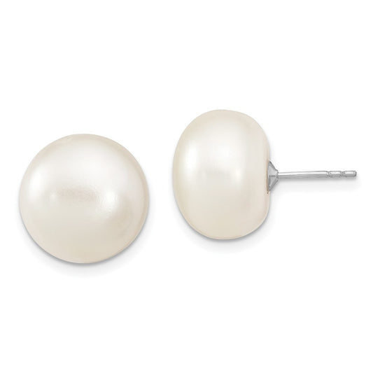 Rhodium-plated Sterling Silver 13-14mm White Button FWC Pearl Post Earrings