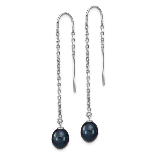 Rhodium-plated Silver 7-8mm Black Drop FWC Pearl Threader Earrings