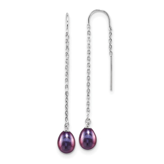 Rhodium-plated Silver 7-8mm Black Drop FWC Pearl Threader Earrings