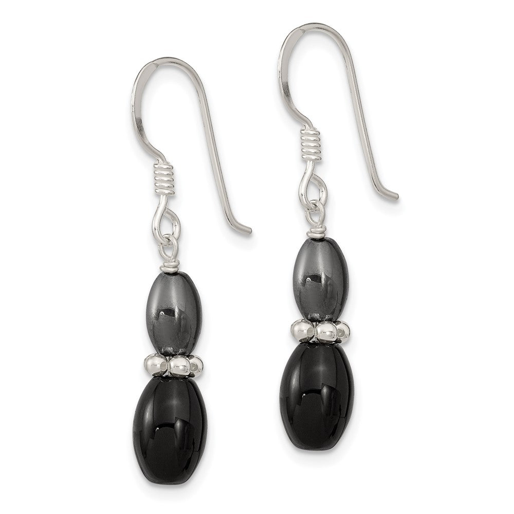 Sterling Silver Black Agate and Hematite Shepherd Hook Earrings