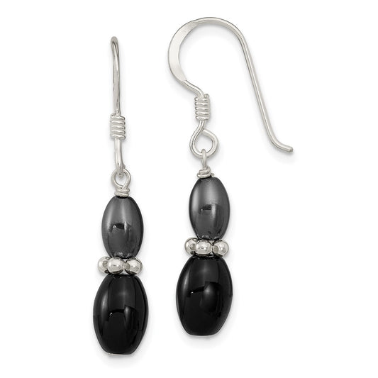 Sterling Silver Black Agate and Hematite Shepherd Hook Earrings