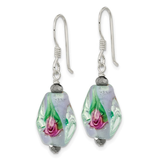 Sterling Silver Hematite and Green Glass Dangle Earrings