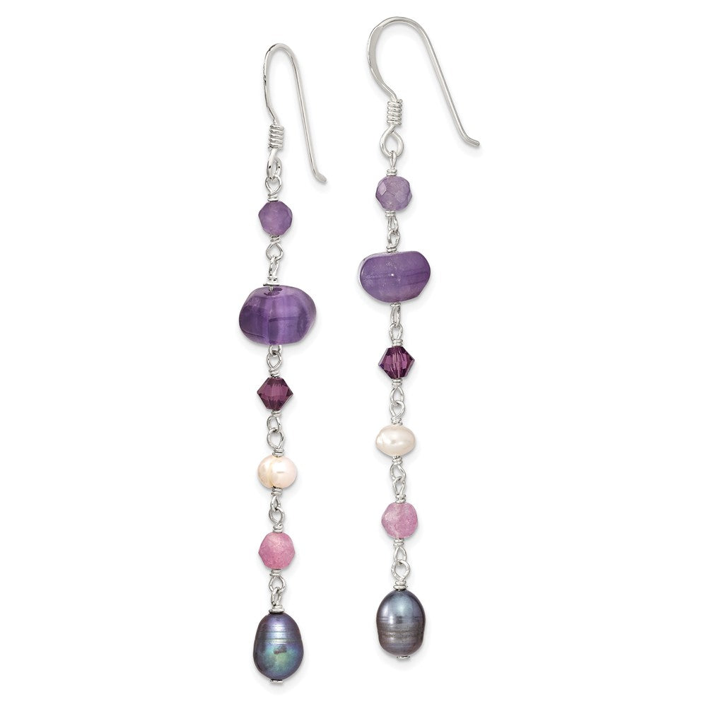 Sterling Silver Polished Amethyst, Lavendar Jade, White and Black FWC Pearl Dangle Earrings