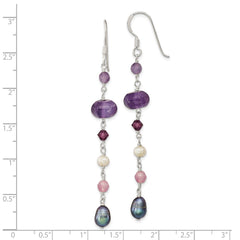 Sterling Silver Polished Amethyst, Lavendar Jade, White and Black FWC Pearl Dangle Earrings