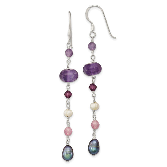 Sterling Silver Polished Amethyst, Lavendar Jade, White and Black FWC Pearl Dangle Earrings