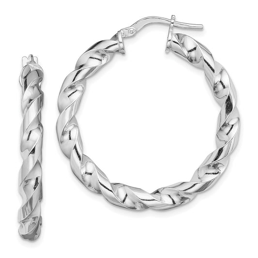 Rhodium-plated Sterling Silver 4x25mmTwisted Hoop Earrings