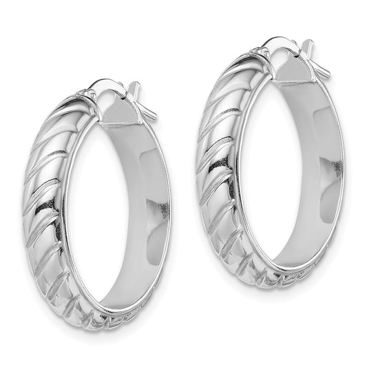 Rhodium-plated Sterling Silver 5x20mm Polished Textured Hoops