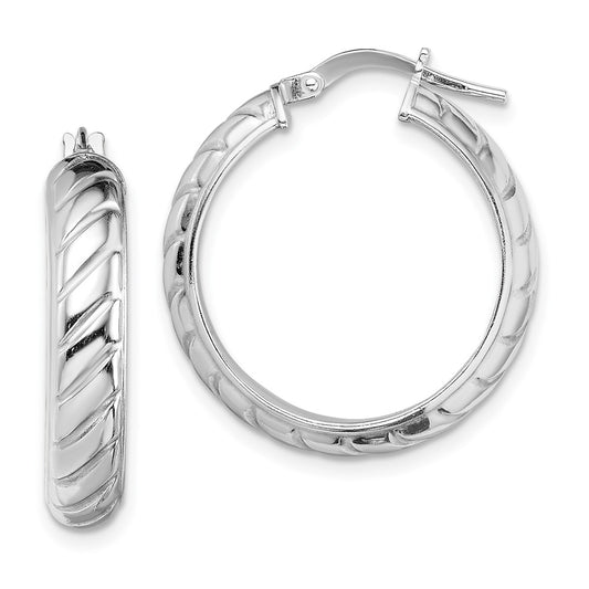 Rhodium-plated Sterling Silver 5x20mm Polished Textured Hoops