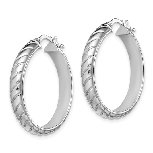 Rhodium-plated Sterling Silver 5x25mm Polished Textured Hoops