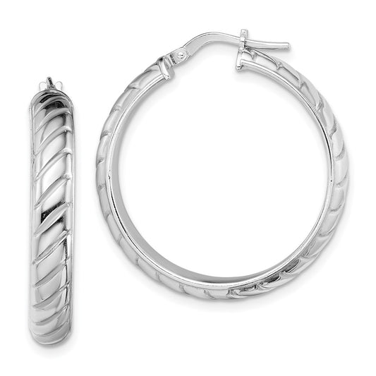 Rhodium-plated Sterling Silver 5x25mm Polished Textured Hoops