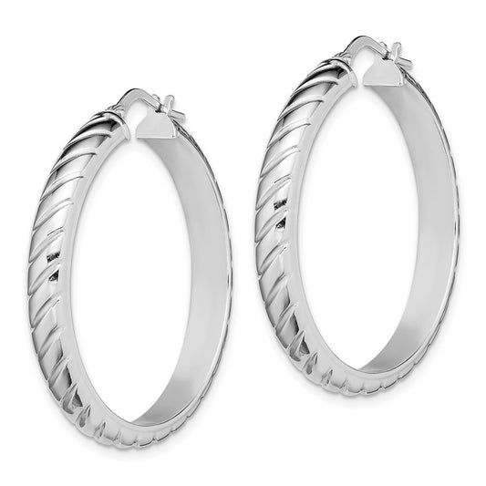 Rhodium-plated Sterling Silver 5x30mm Polished Textured Hoops