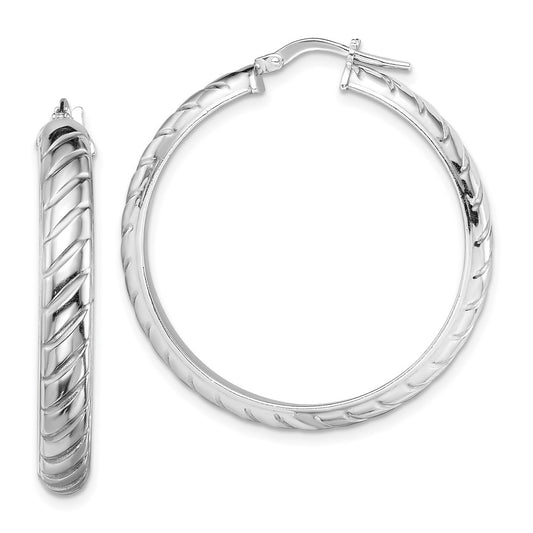 Rhodium-plated Sterling Silver 5x30mm Polished Textured Hoops