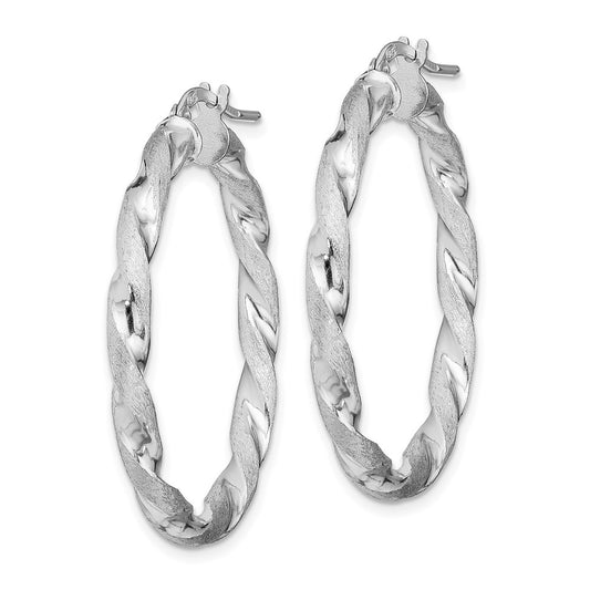 Rhodium-plated Silver Satin Polished Twisted 3x35mm Hoop Earrings