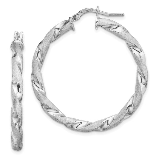 Rhodium-plated Silver Satin Polished Twisted 3x35mm Hoop Earrings