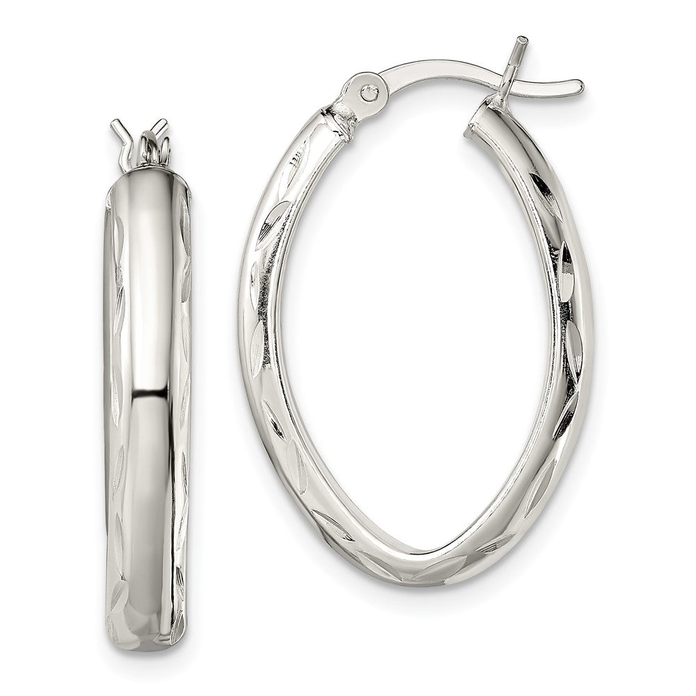 Sterling Silver Polished Diamond-cut Edge Oval Hoop Earrings
