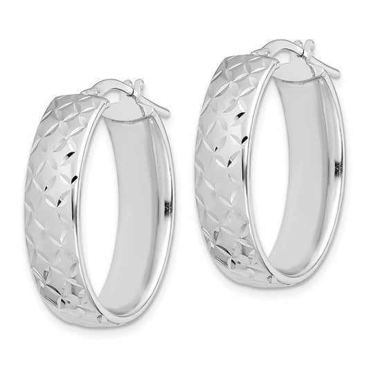 Rhodium-plated Sterling Silver Polished Diamond-cut Oval Hoops