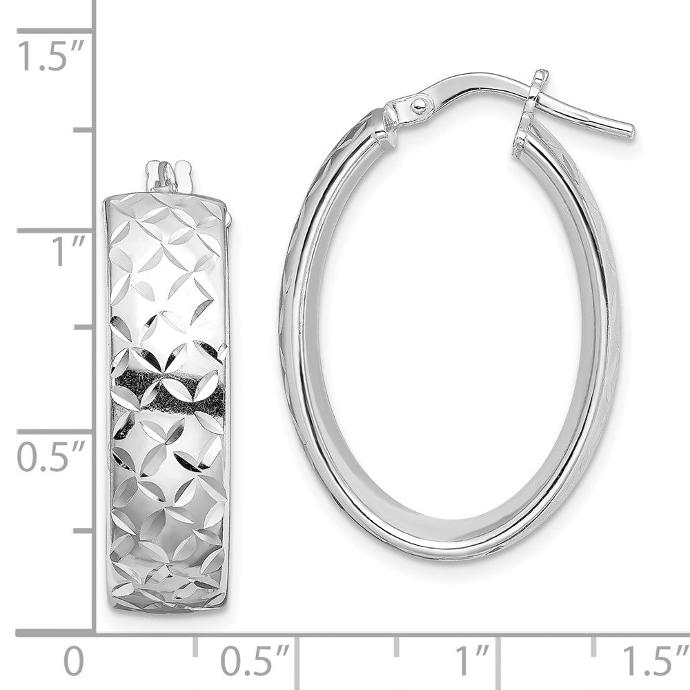 Rhodium-plated Sterling Silver Polished Diamond-cut Oval Hoops