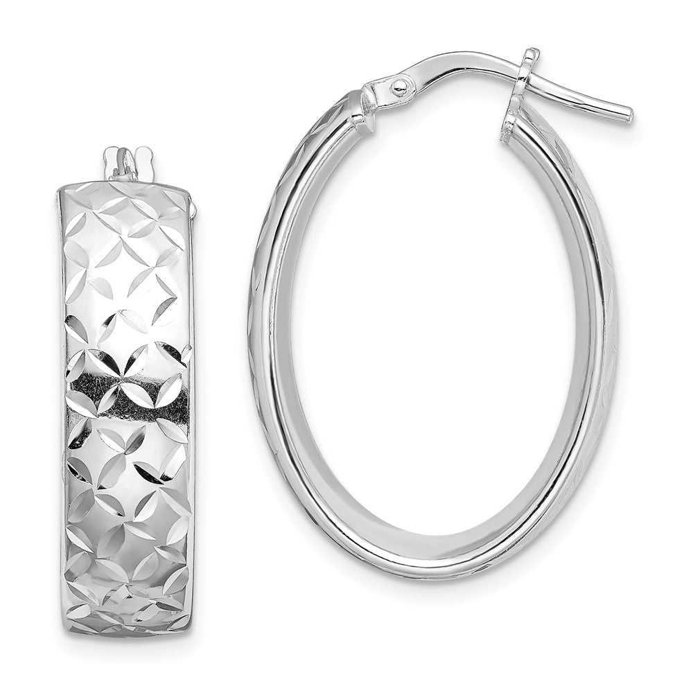 Rhodium-plated Sterling Silver Polished Diamond-cut Oval Hoops