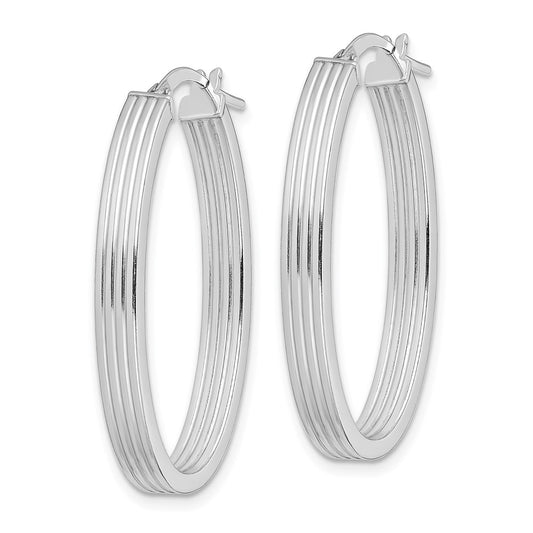 Rhodium-plated Silver Polished Striped 4mm Oval Hoops