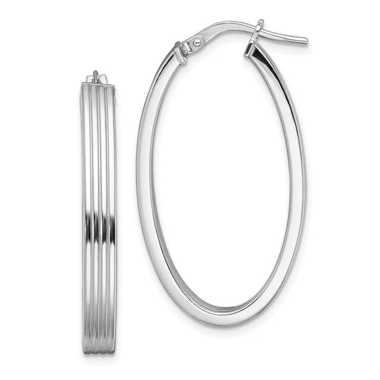 Rhodium-plated Silver Polished Striped 4mm Oval Hoops