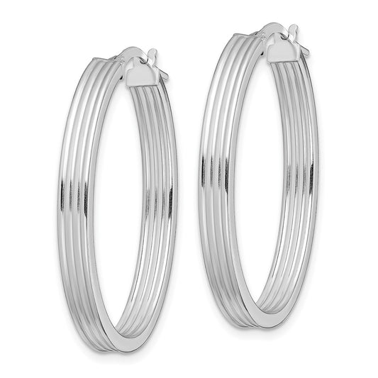 Rhodium-plated Silver Polished Striped 4mm Oval Hoops