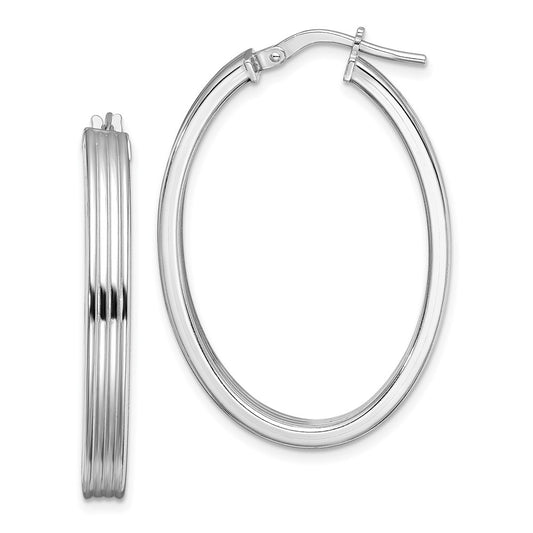 Rhodium-plated Silver Polished Striped 4mm Oval Hoops