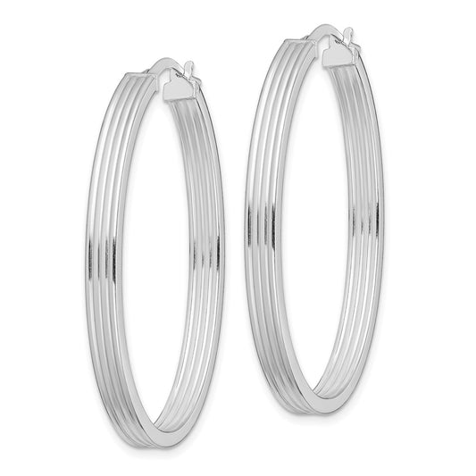 Rhodium-plated Silver Polished Striped 4mm Oval Hoops