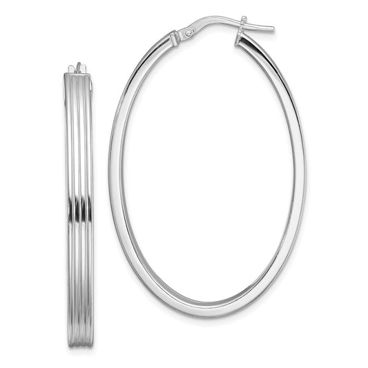 Rhodium-plated Silver Polished Striped 4mm Oval Hoops