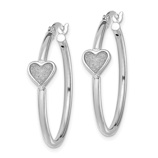 Rhodium-plated Silver Enamel Glitter Fabric Heart Hoop Earrings