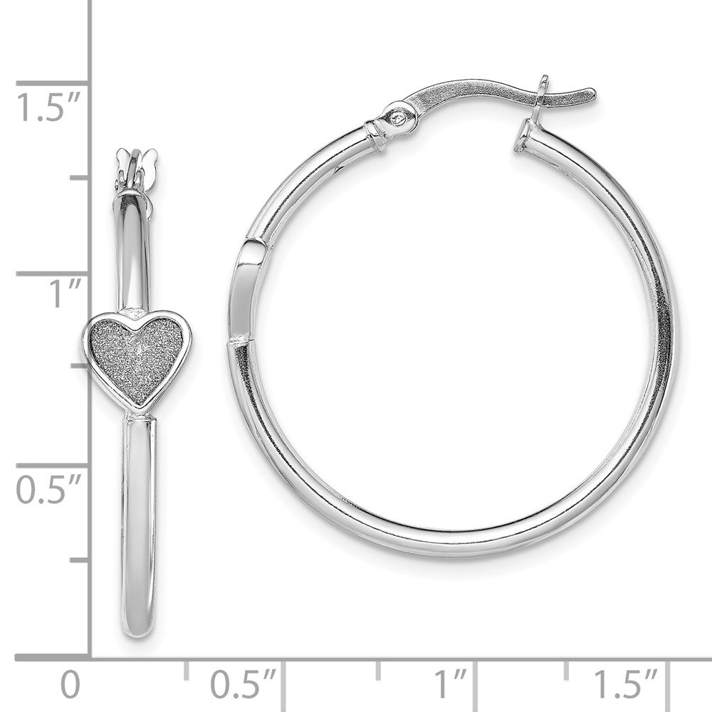 Rhodium-plated Silver Enamel Glitter Fabric Heart Hoop Earrings