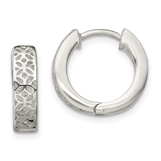 Sterling Silver Polished Cut-out Design Hinged Hoop Earrings