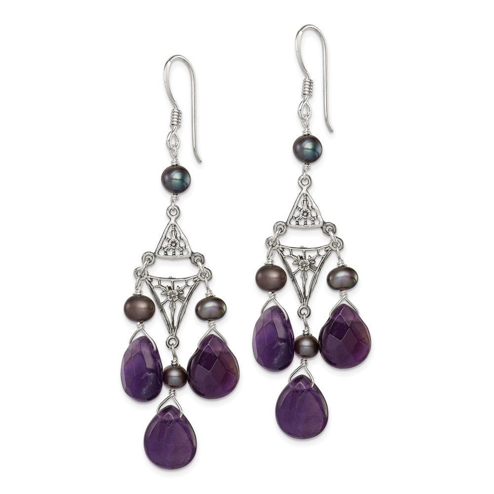 Sterling Silver Antiuqed Amethyst Peacock FWC Pearl Earrings