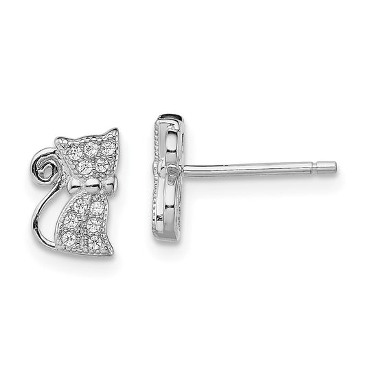 Rhodium-plated Sterling Silver CZ Cat Post Earrings