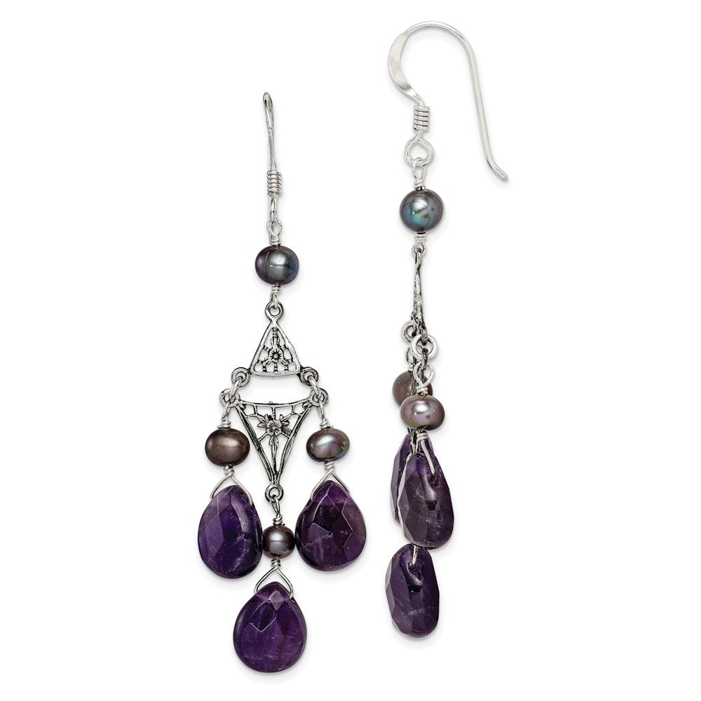 Sterling Silver Antiuqed Amethyst Peacock FWC Pearl Earrings