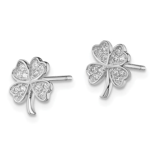 Rhodium-plated Sterling Silver CZ 4 Leaf Clover Post Earrings