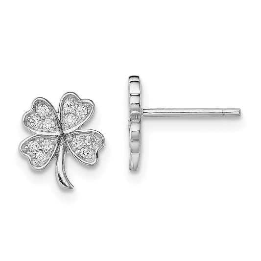 Rhodium-plated Sterling Silver CZ 4 Leaf Clover Post Earrings