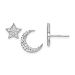 Rhodium-plated Sterling Silver CZ Star and Moon Post Earrings