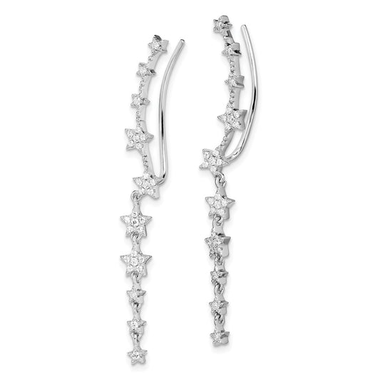 Rhodium-plated Sterling Silver CZ Stars Ear Climber Earrings