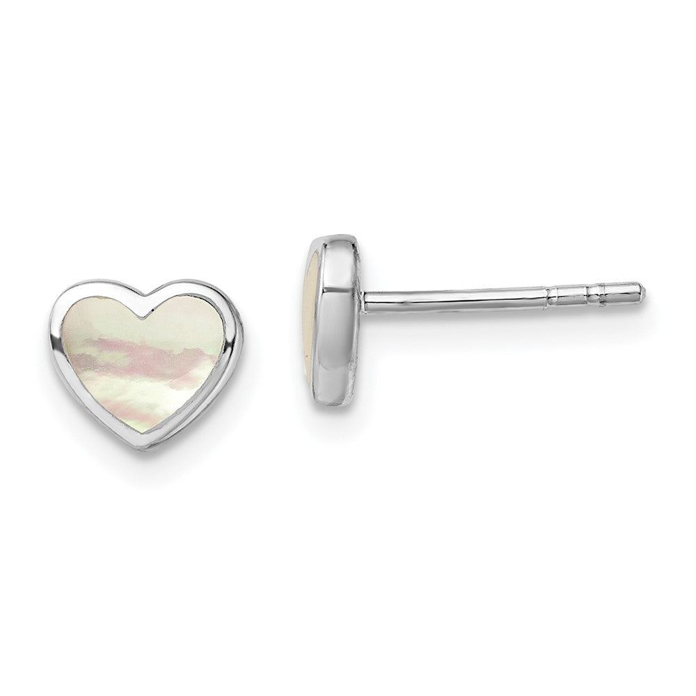 Rhodium-plated Sterling Silver Mother of Pearl Heart Post Earrings