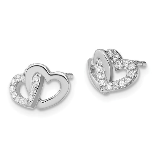 Rhodium-plated Silver Polished with CZ Double Heart Post Earrings