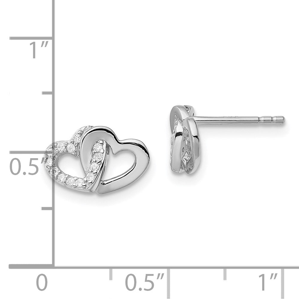 Rhodium-plated Silver Polished with CZ Double Heart Post Earrings