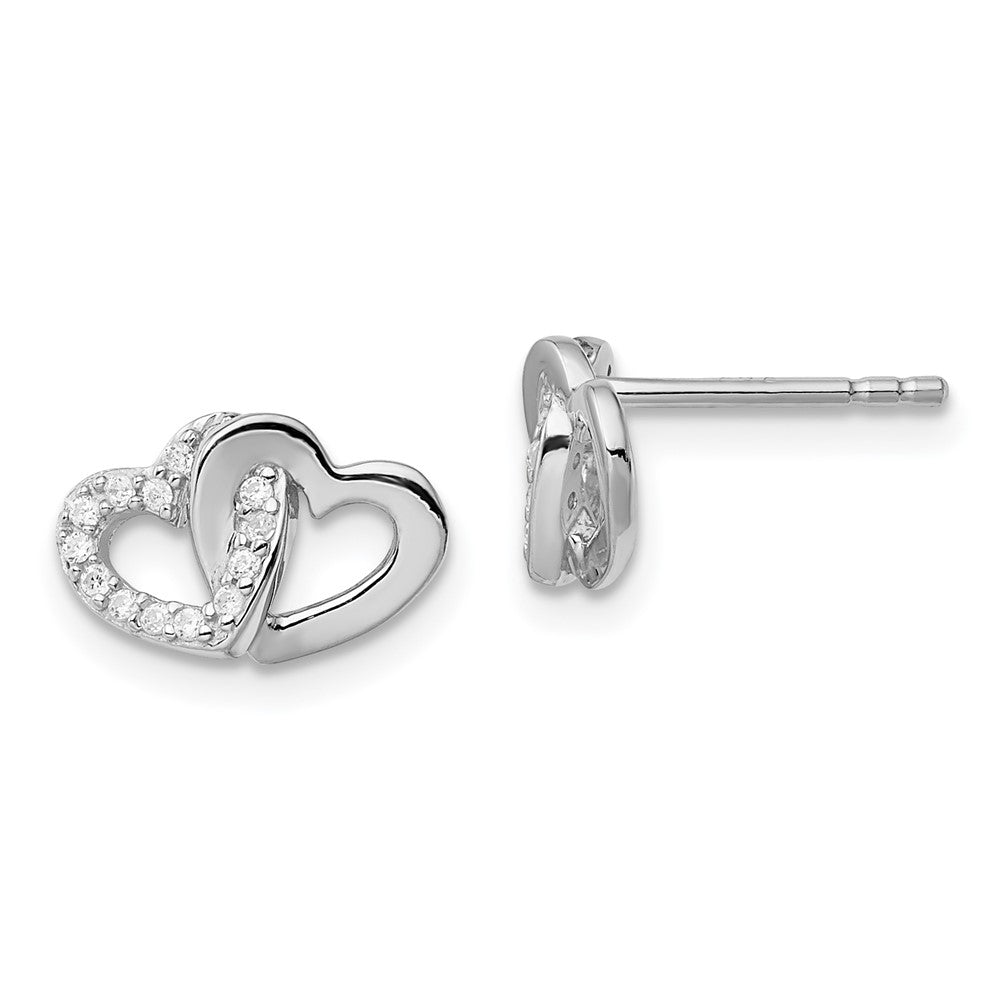 Rhodium-plated Silver Polished with CZ Double Heart Post Earrings