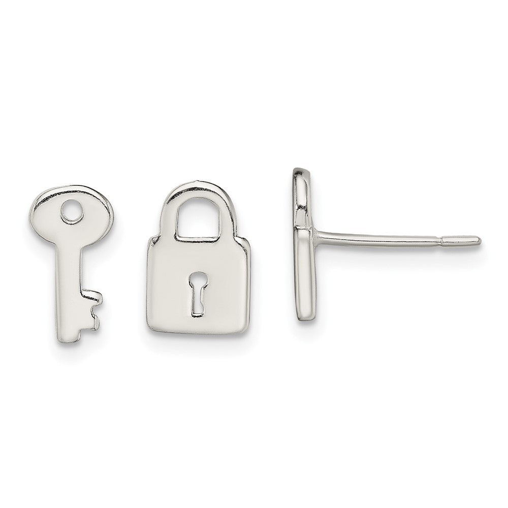 Sterling Silver Polished Left and Right Lock Key Post Earrings