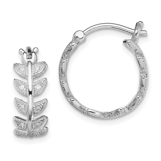 Rhodium-plated Sterling Silver Micro Pave CZ Leaf Hoop Earrings