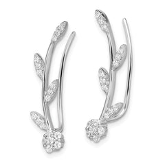 Sterling Silver CZ Flower with Stem Ear Climber Earrings